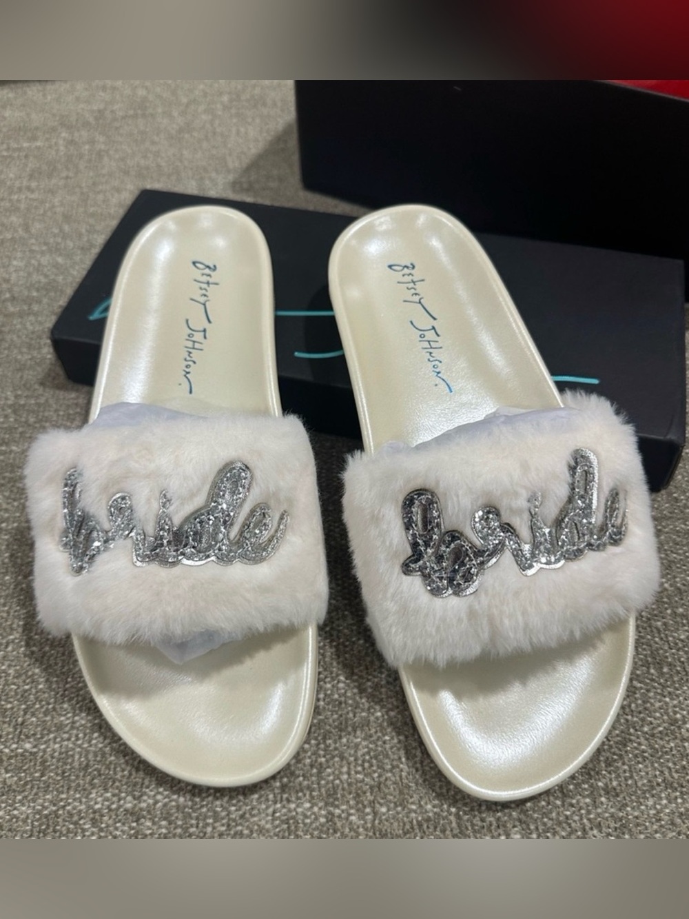 Betsey Johnson White Faux Fur Slide Sandals with Silver 'Bride' Sequin Script